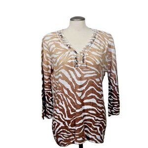 Chicos Cotton Linen Blend Top Womens US Med Brown Animal Print Soft Knit Zebra